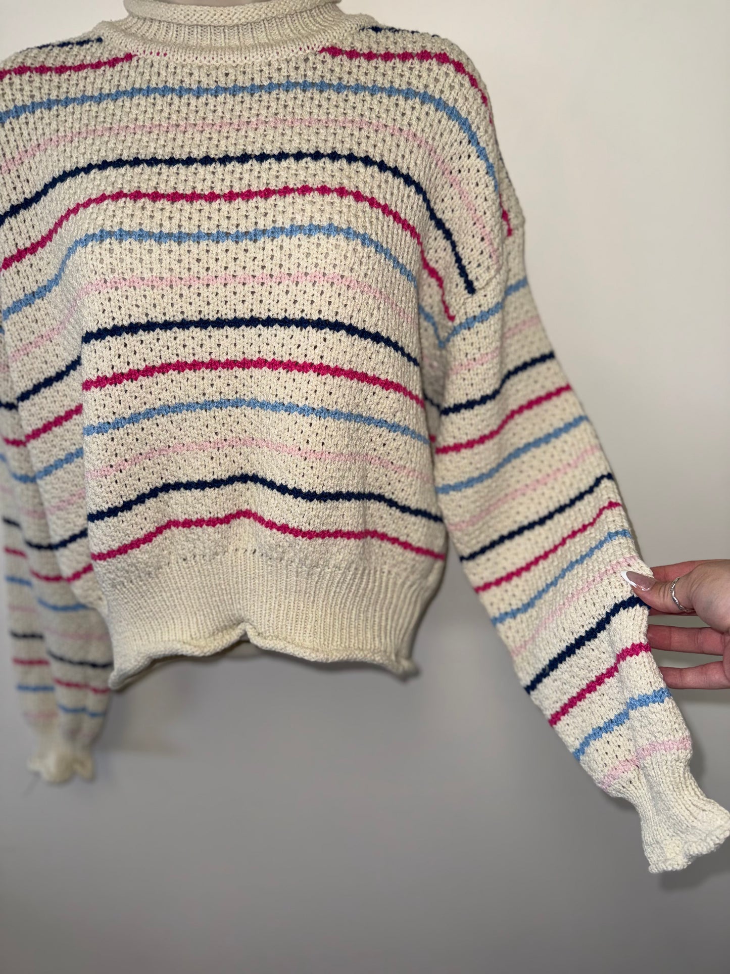 Grace + Karma (Medium) Cream Knit Sweater with Pink & Blue Stripes