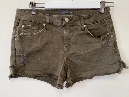 Level 99 (27) Olive Green Denim Frayed Hem Jean Shorts