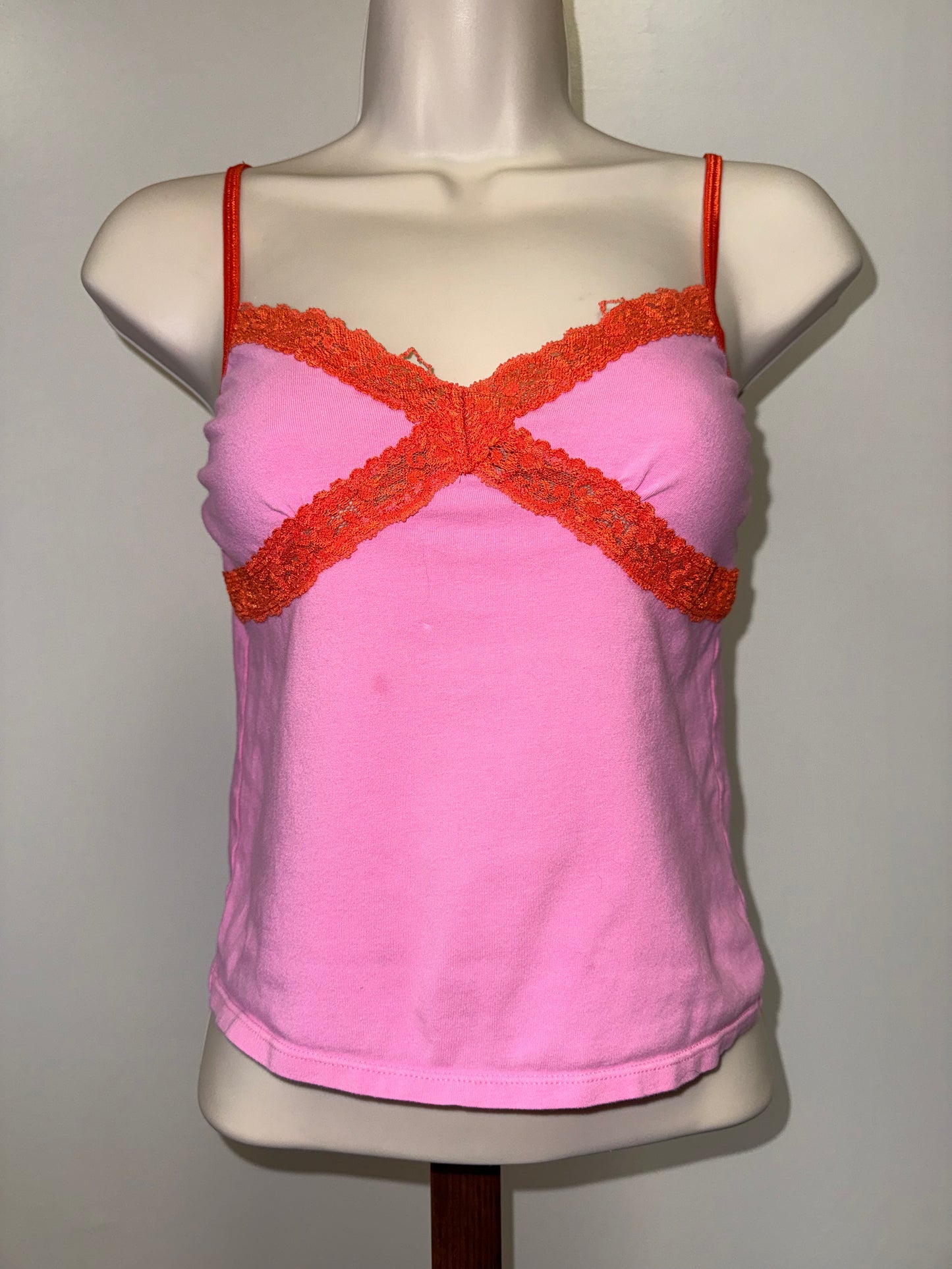 PINK Victoria's Secret (Small) Pink and Red Lace Cropped Sleepwear Tank Top