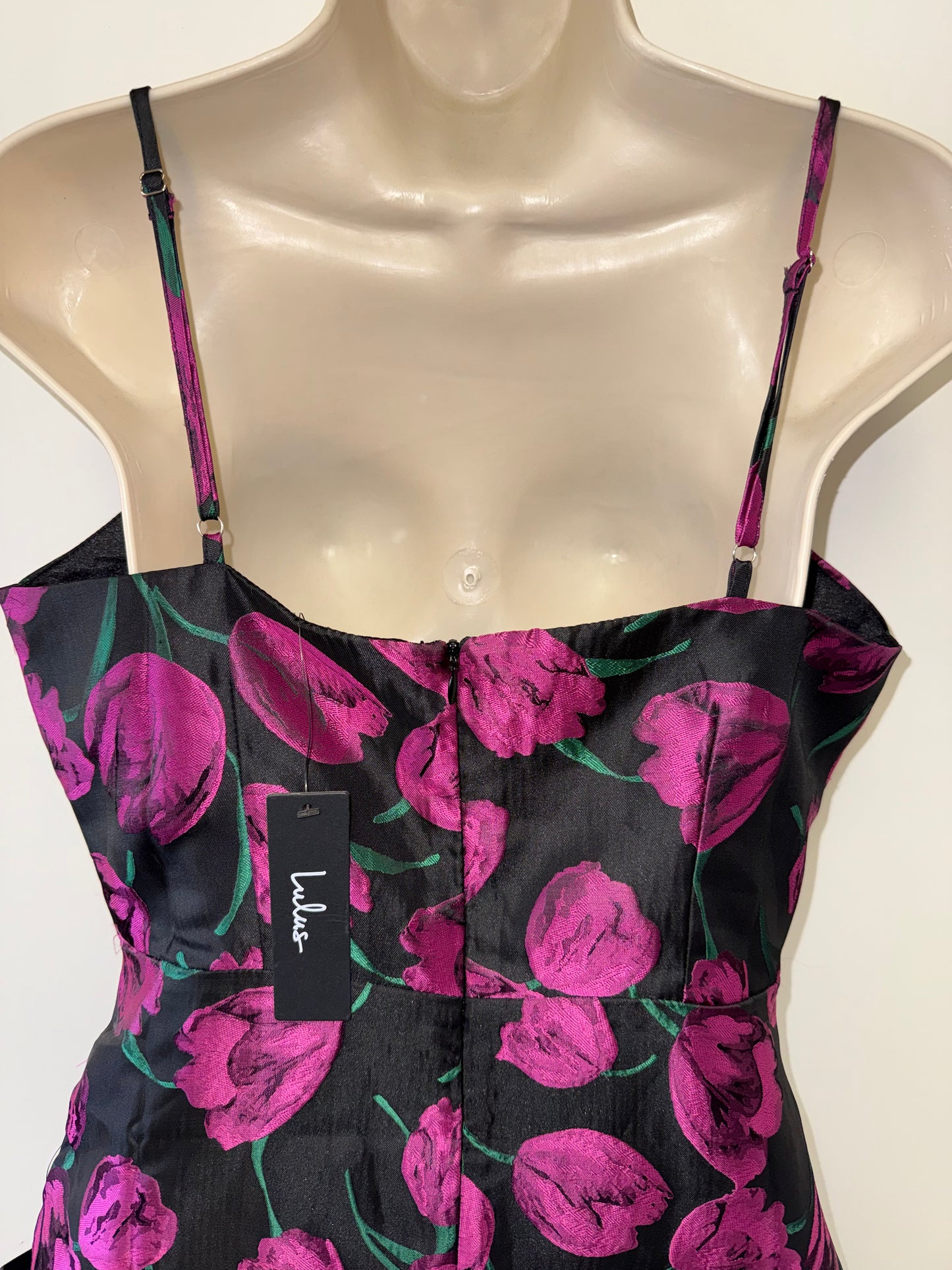 NWT Lululs (Large) Brand New Black and Purple Floral Formal Midi Dress