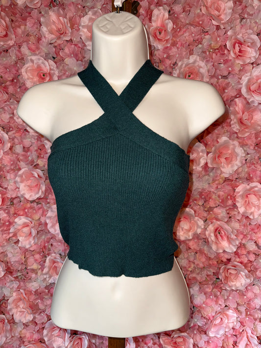 SHEIN (Small) Green Ribbed Halter Neck Crop Top