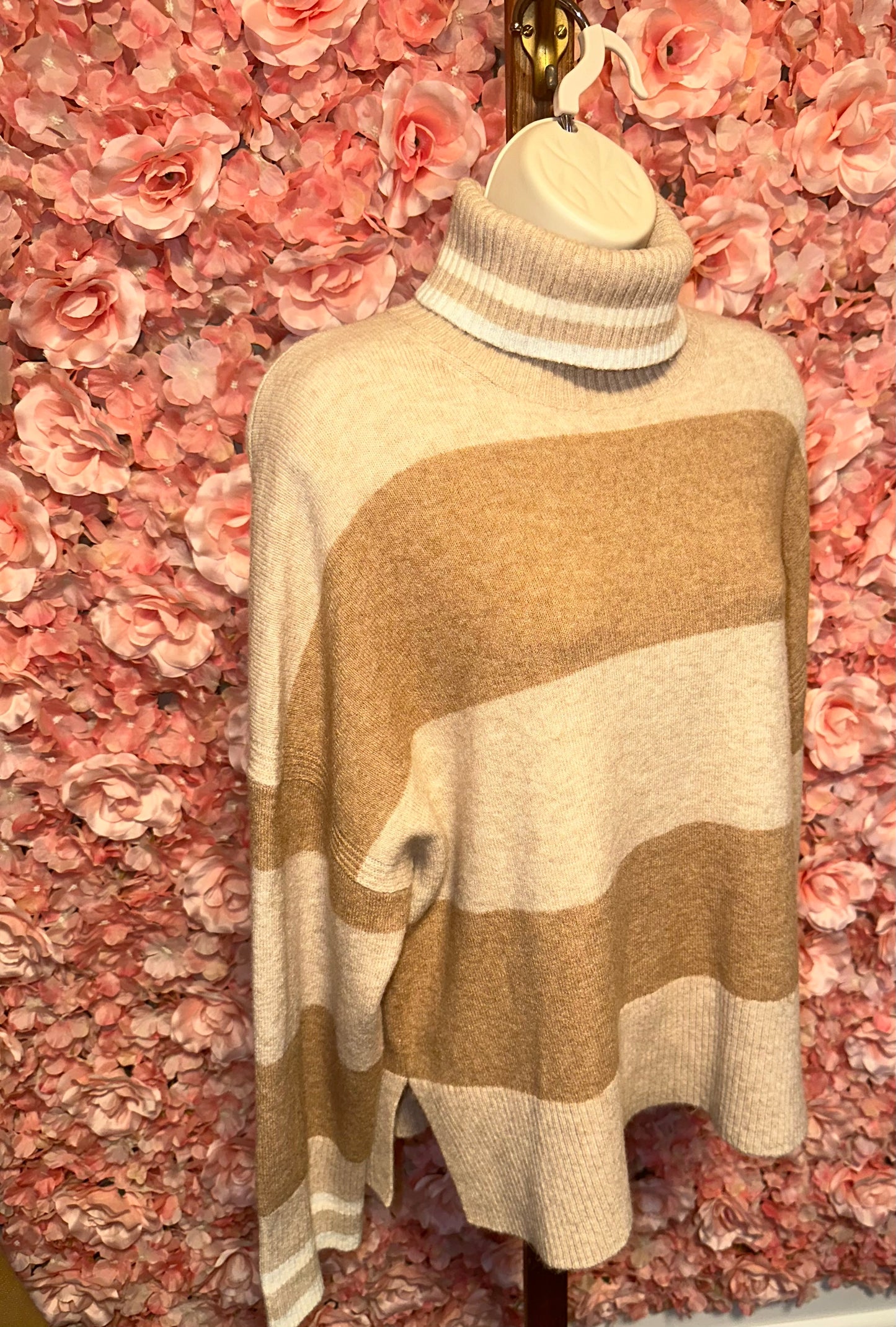 J.Crew (Small) Neutral Tan//Creme Striped Turtleneck Soft Sweater