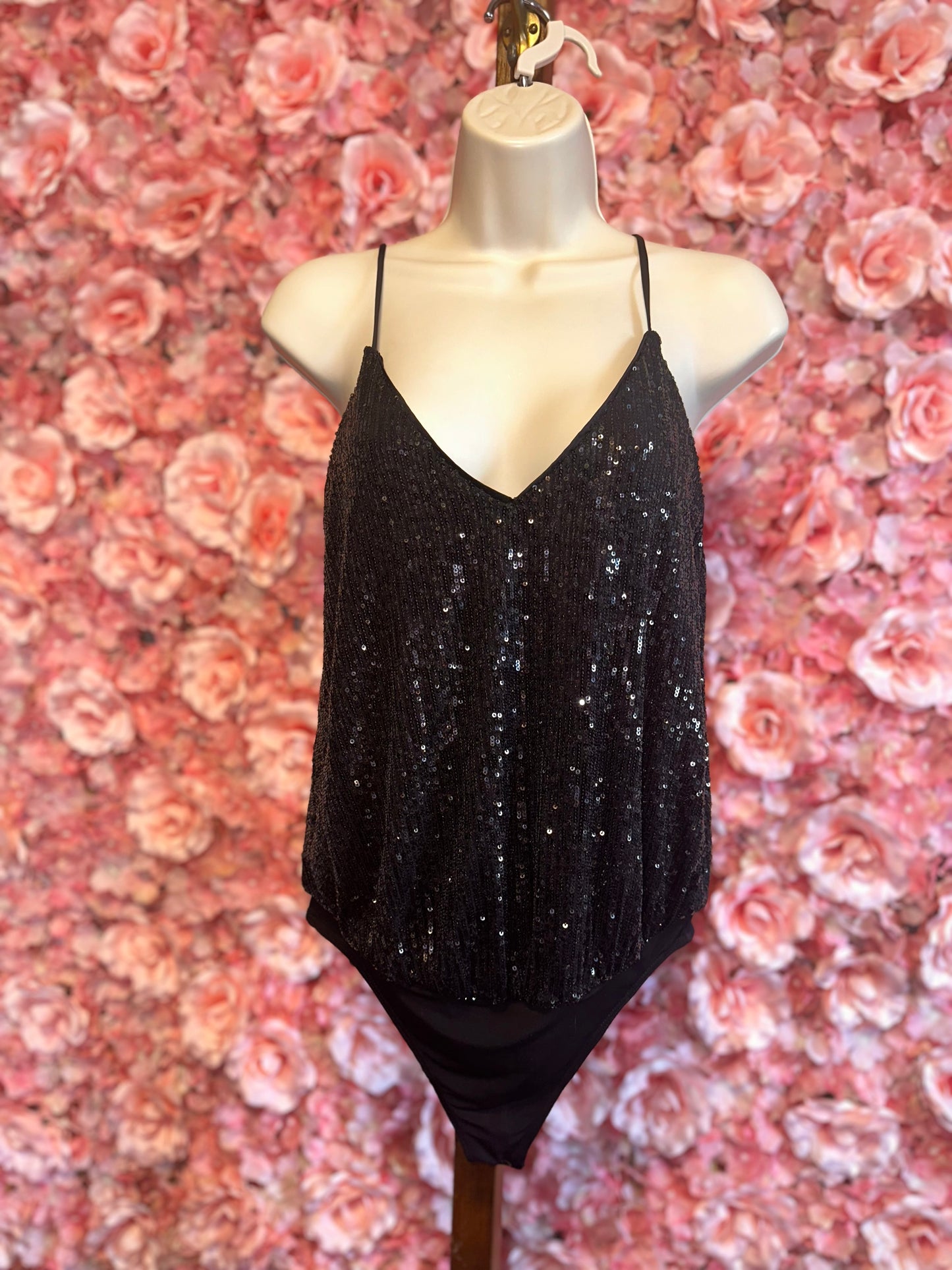 Express (Express) Black Sequin V-Neck Bodysuit with Adjustable Spaghetti Straps