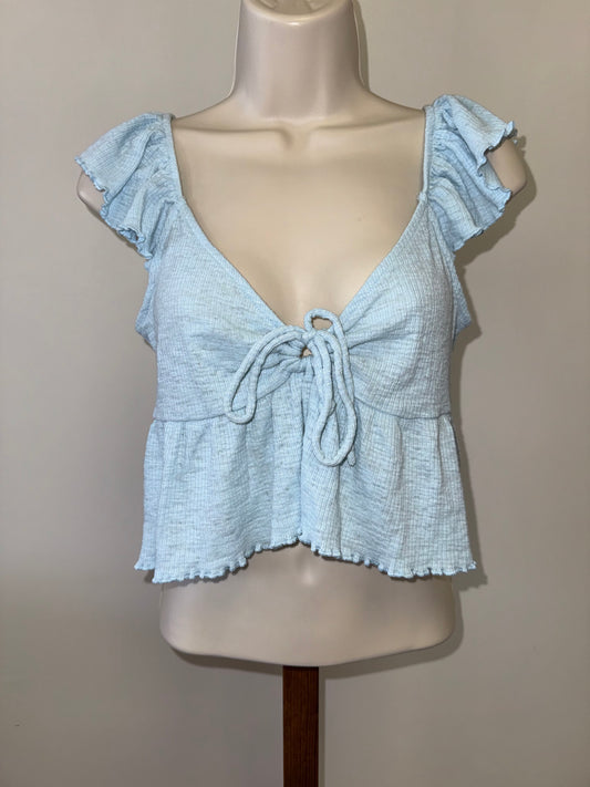 American Eagle (Medium) Light Blue Ruffled Crop Top with Tied V-Neck