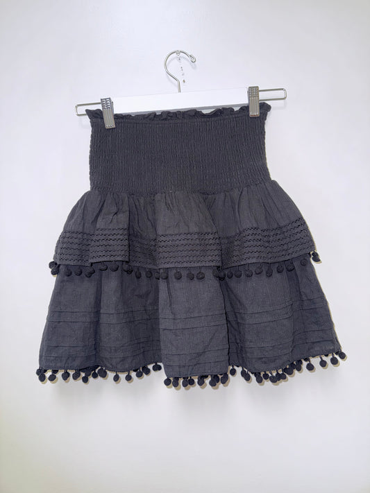 House of Harlow 1960 (XS) Black Smocked Waist Black Tiered Pom-Pom Hem Midi Skirt