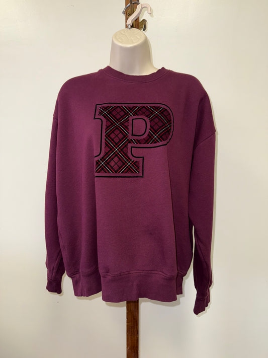 PINK Victoria's Secret (Large) Maroon Crewneck with Plaid Pattern Patched 'P'