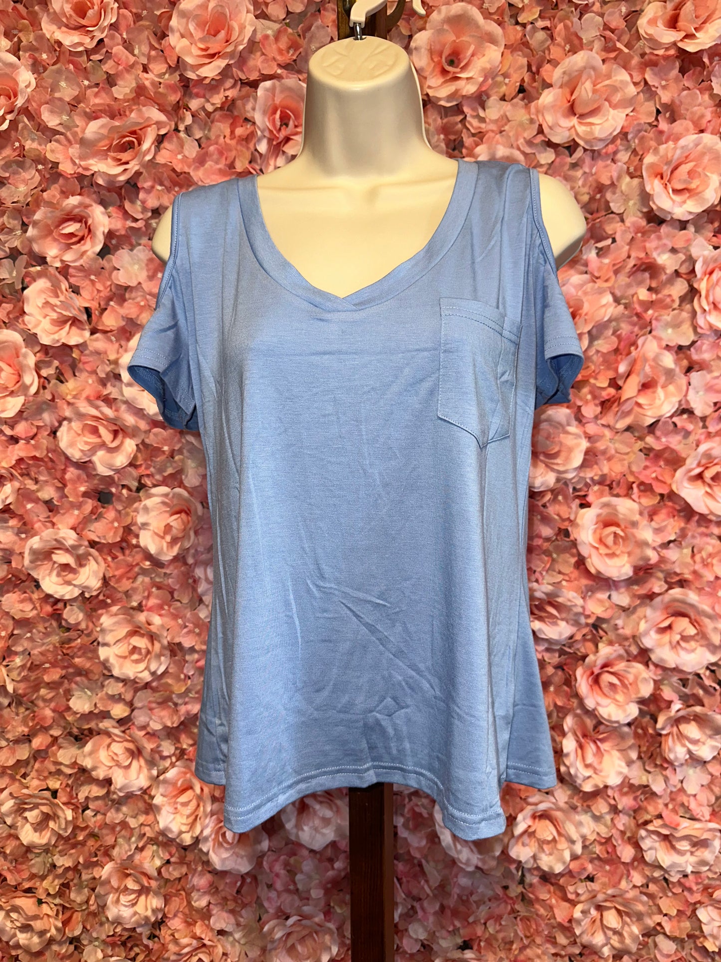 (Small) Brand New Blue Cold Shoulder Short Sleeve Blouse