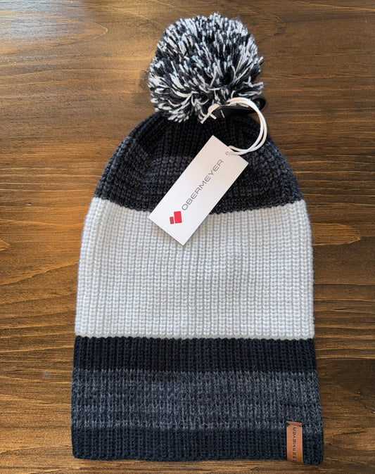 NWT Obermeyer (OS) Brand New Striped Black & Grey Oakland Pom Knit Beanie