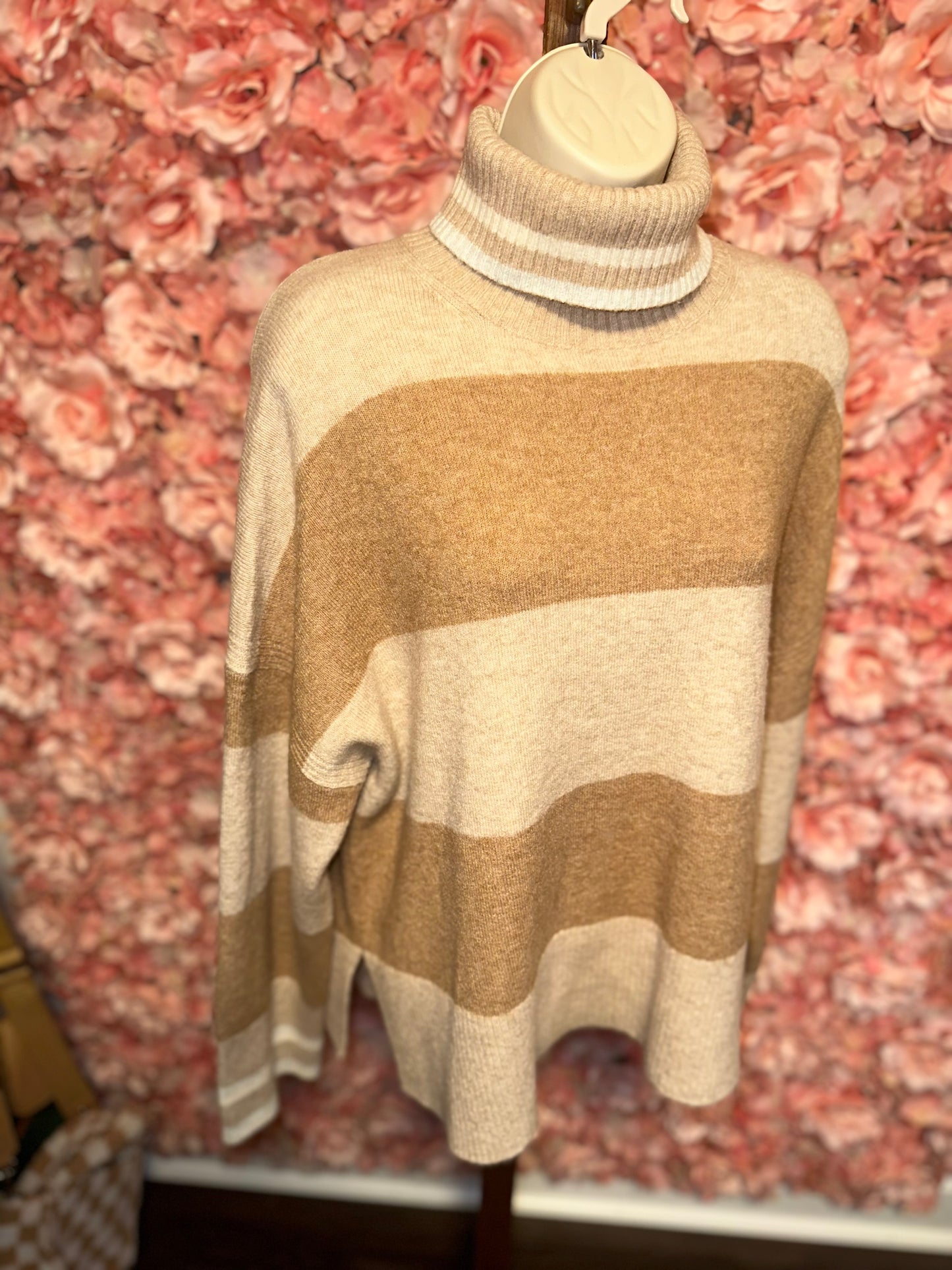 J.Crew (Small) Neutral Tan//Creme Striped Turtleneck Soft Sweater