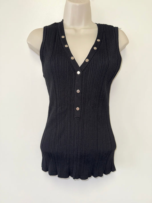 White House Black Market (Large) Black Ribbed Sleeveless Buttoned Tank