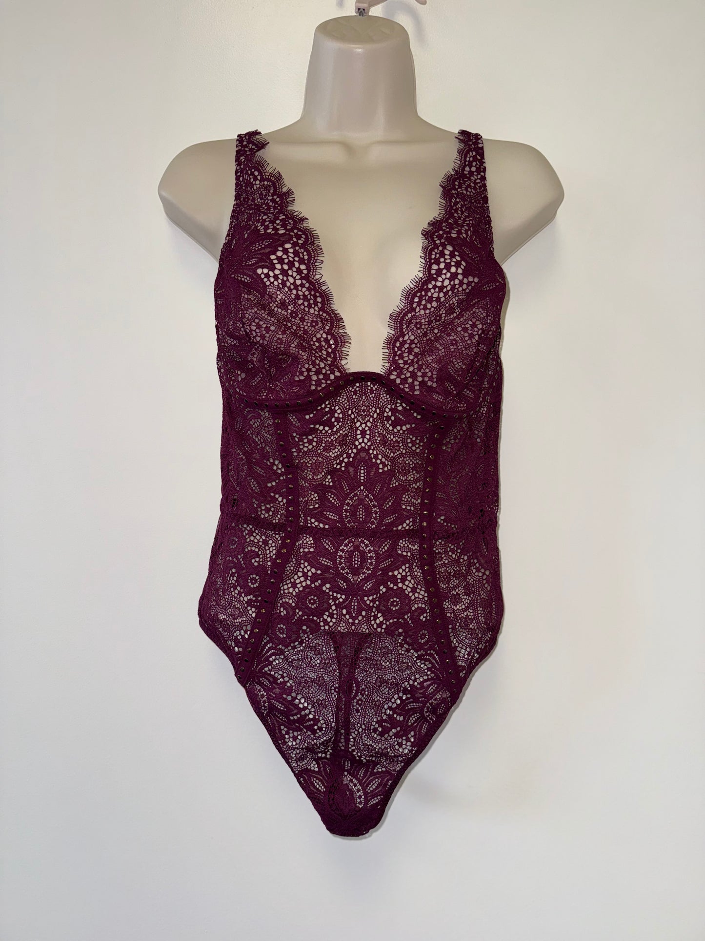 Victoria's Secret (Large) Maroon Lace/Sheer Lingerie Bodysuit Thong