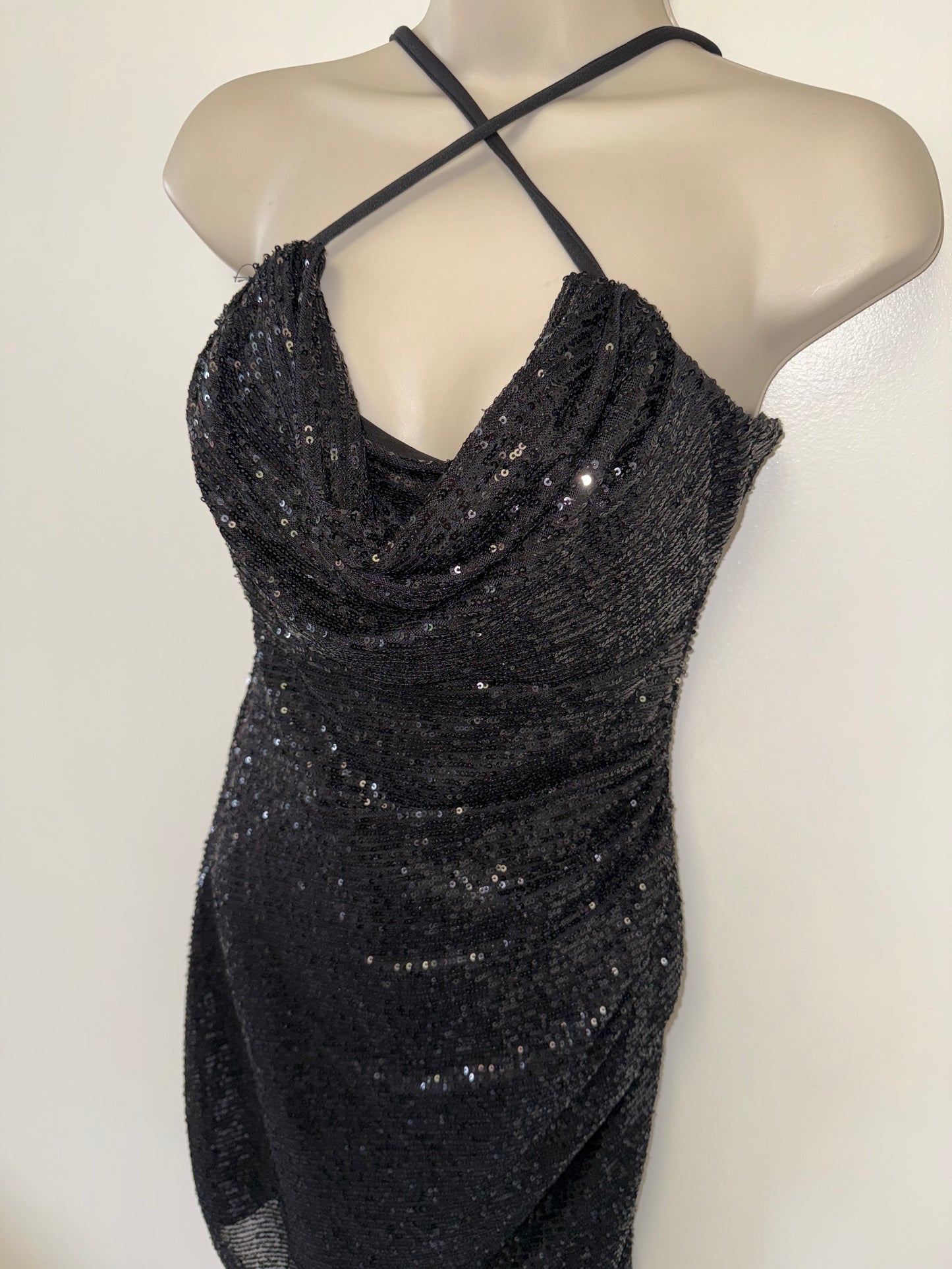Morgan & Co (3) Black Sequin Form Fitting Midi Dress with Cowl Neck
