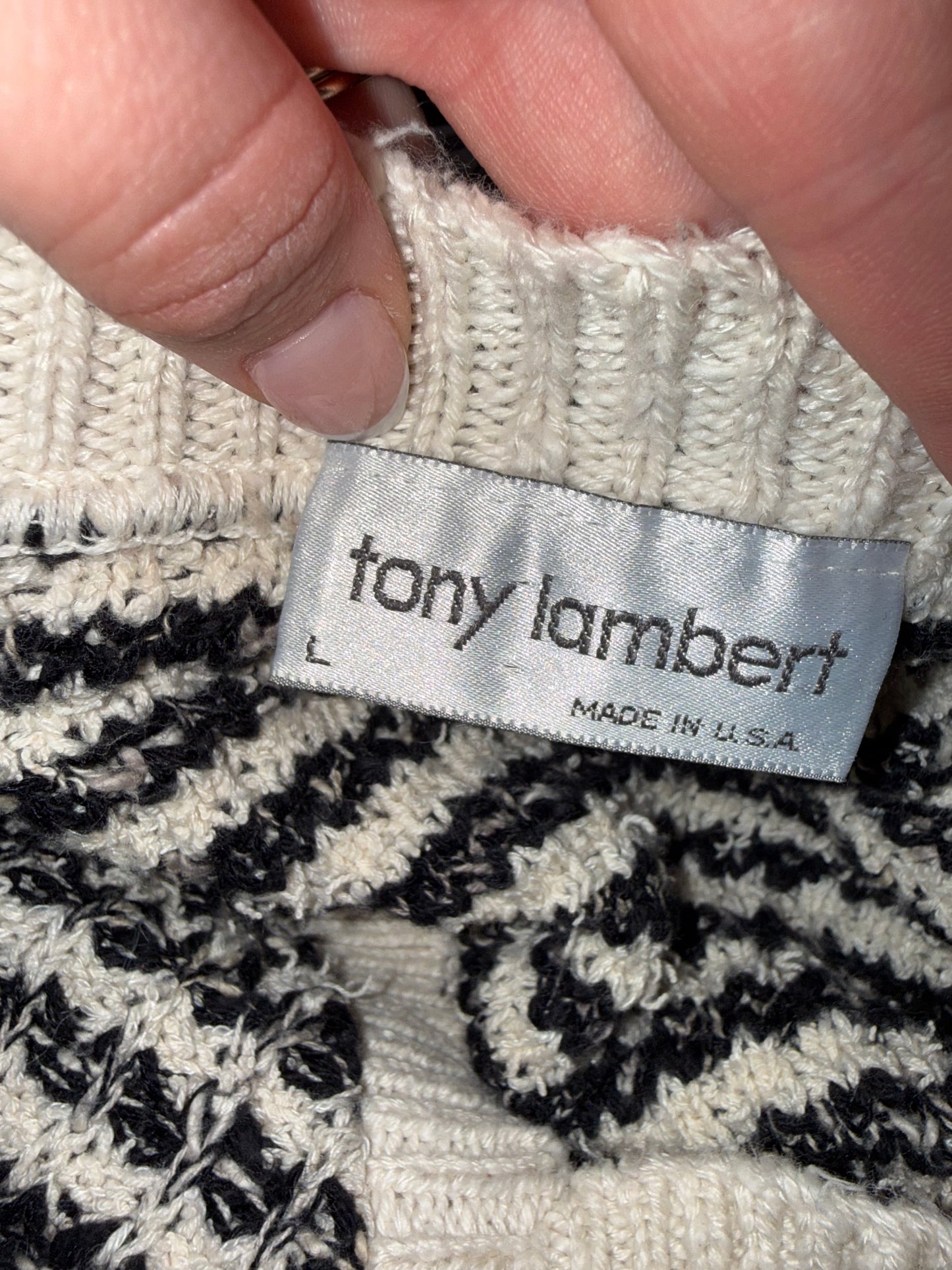 Tony Lambert (Large) Vintage Neutral Striped V-Neck Sleeveless Knit Sweater Vest