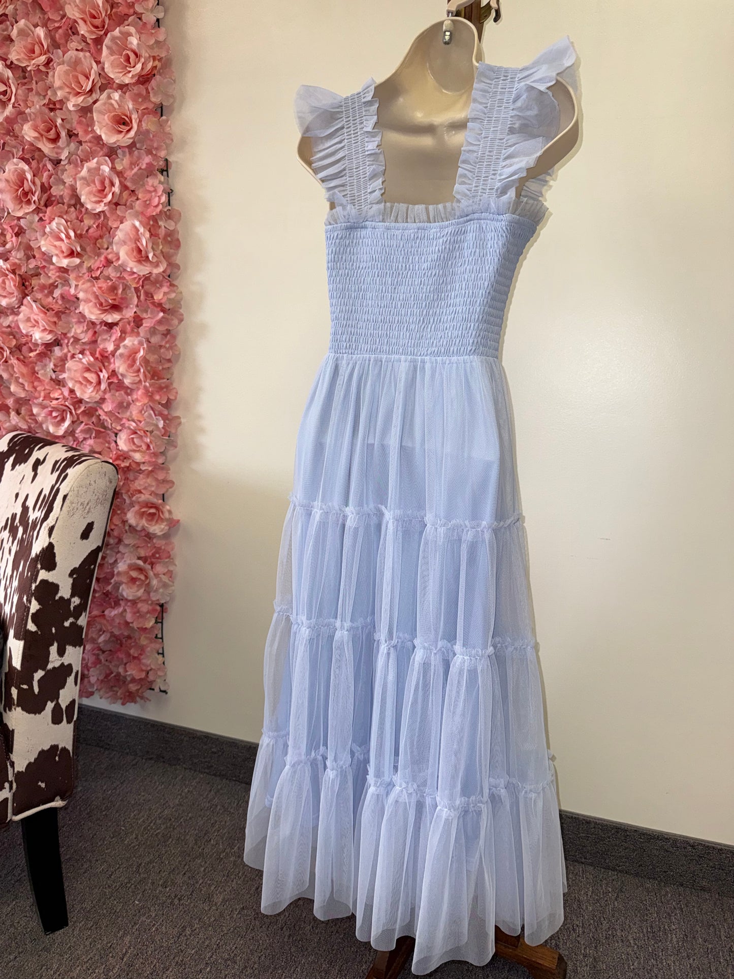 Baltic Born (XS) Light Blue Tiered Ruffle Skirt Tulle Maxi Dress