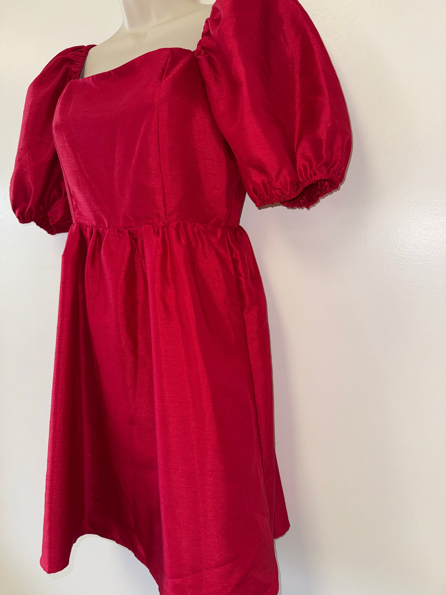 Copper Key (Small) Red Midi Dress with Puff Sleeves