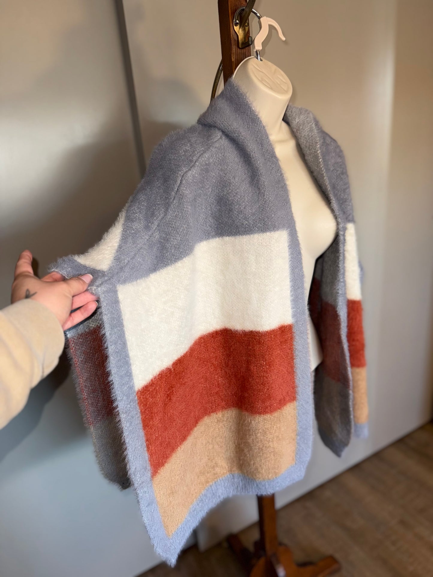 CoCo + Carmen (OS) Neutral Striped Soft Sweater Poncho with Hood