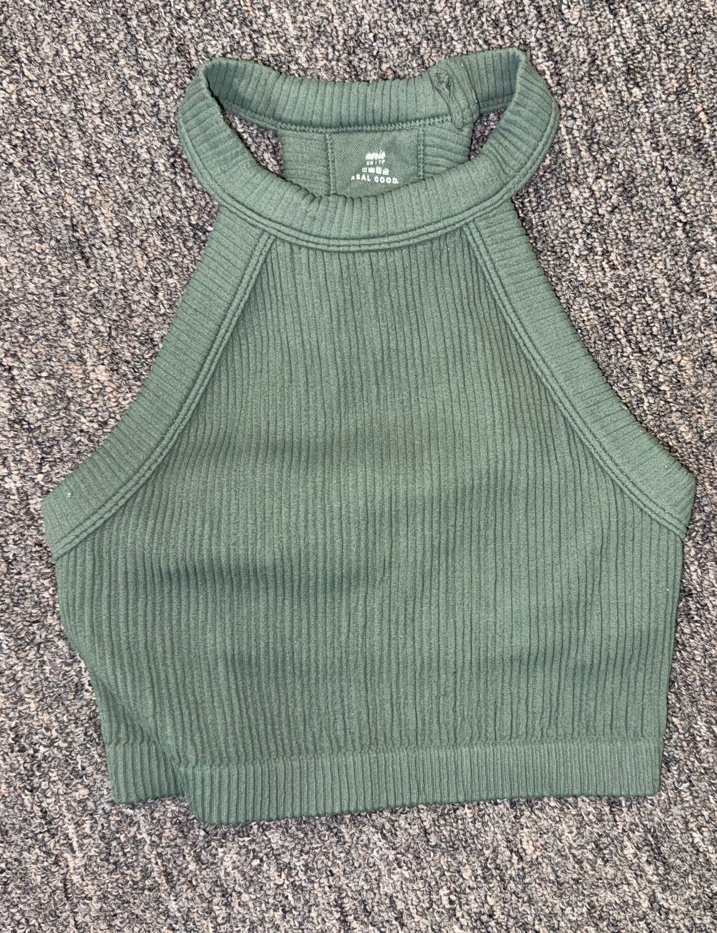 aerie (XS) Green Ribbed Cropped Tank with Built in Bra