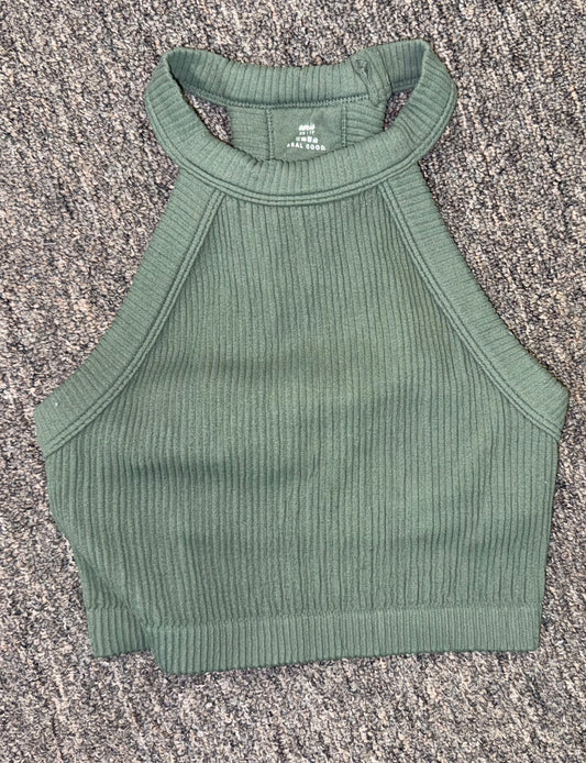 aerie (XS) Green Ribbed Cropped Tank with Built in Bra