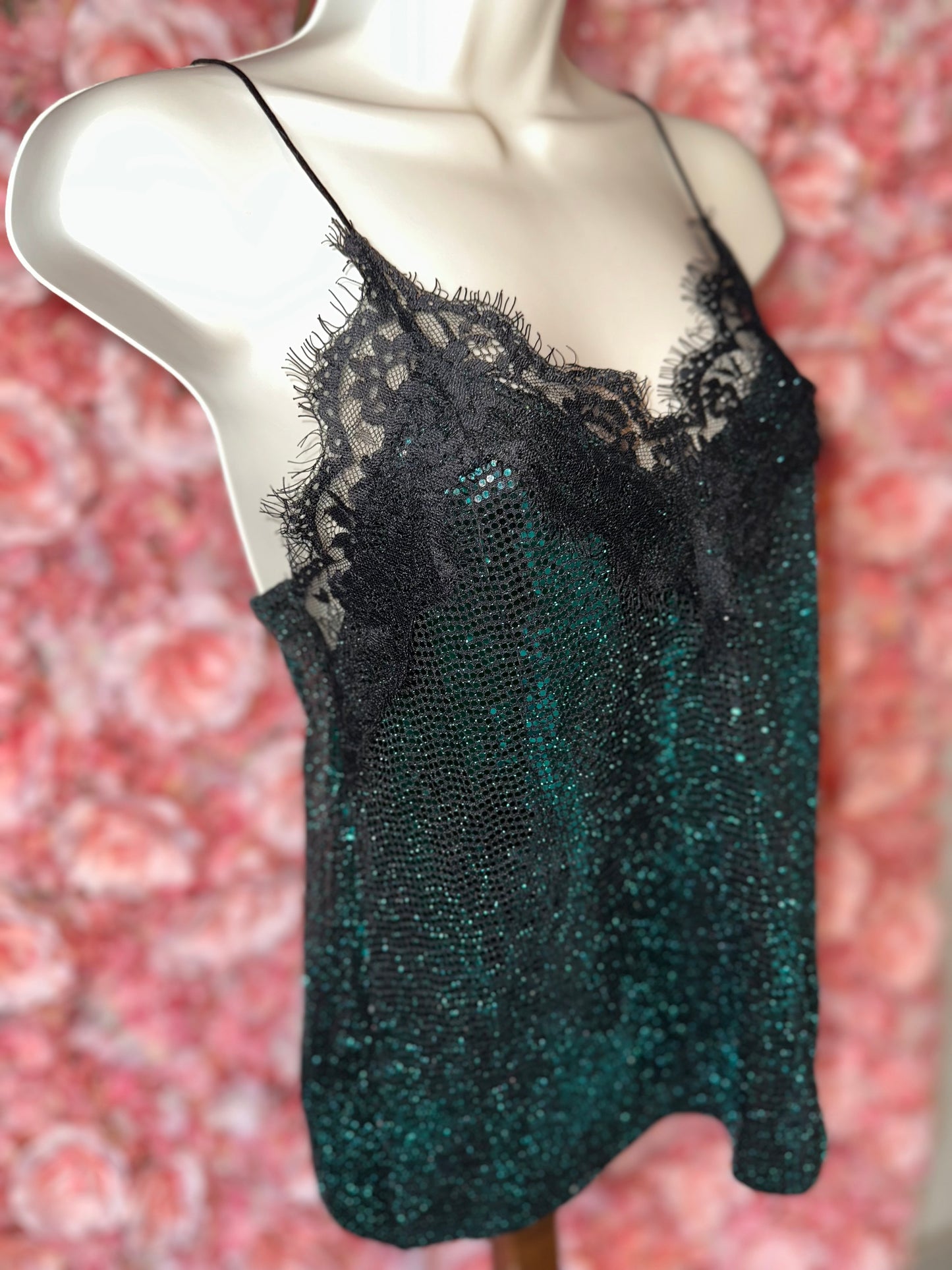 Zara (Small) Green Sparkle Sequin Lace V-Neck Tank Top