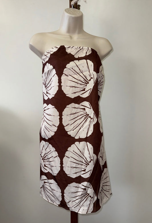(XL) Brown and White Sea Shell Pattern Strapless Midi Dress