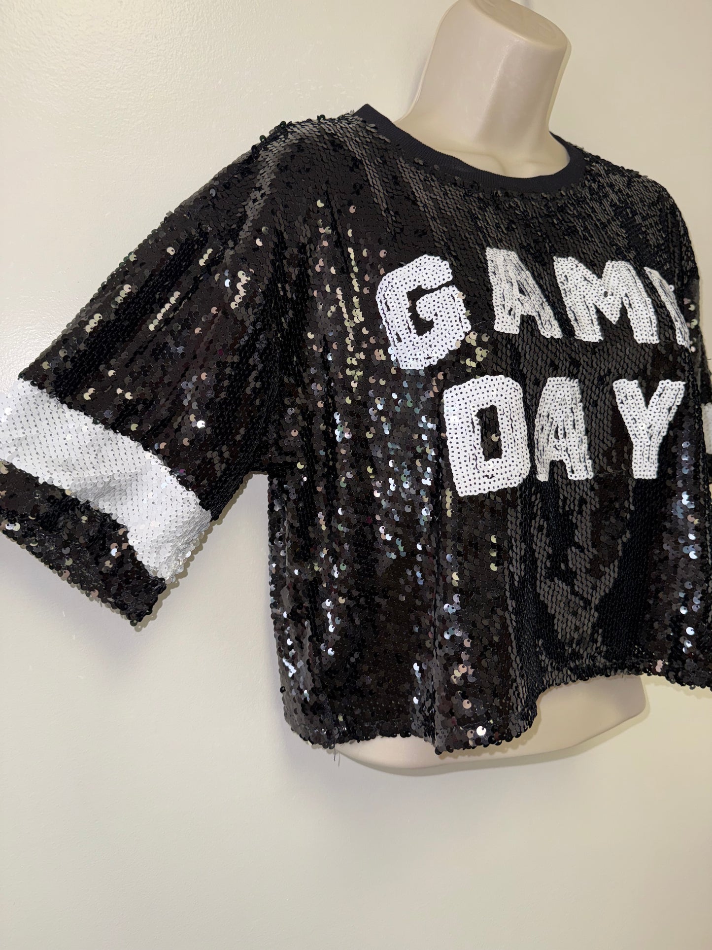 Le Lis (Small) Black Sequin "GAME DAY" Crop Tee