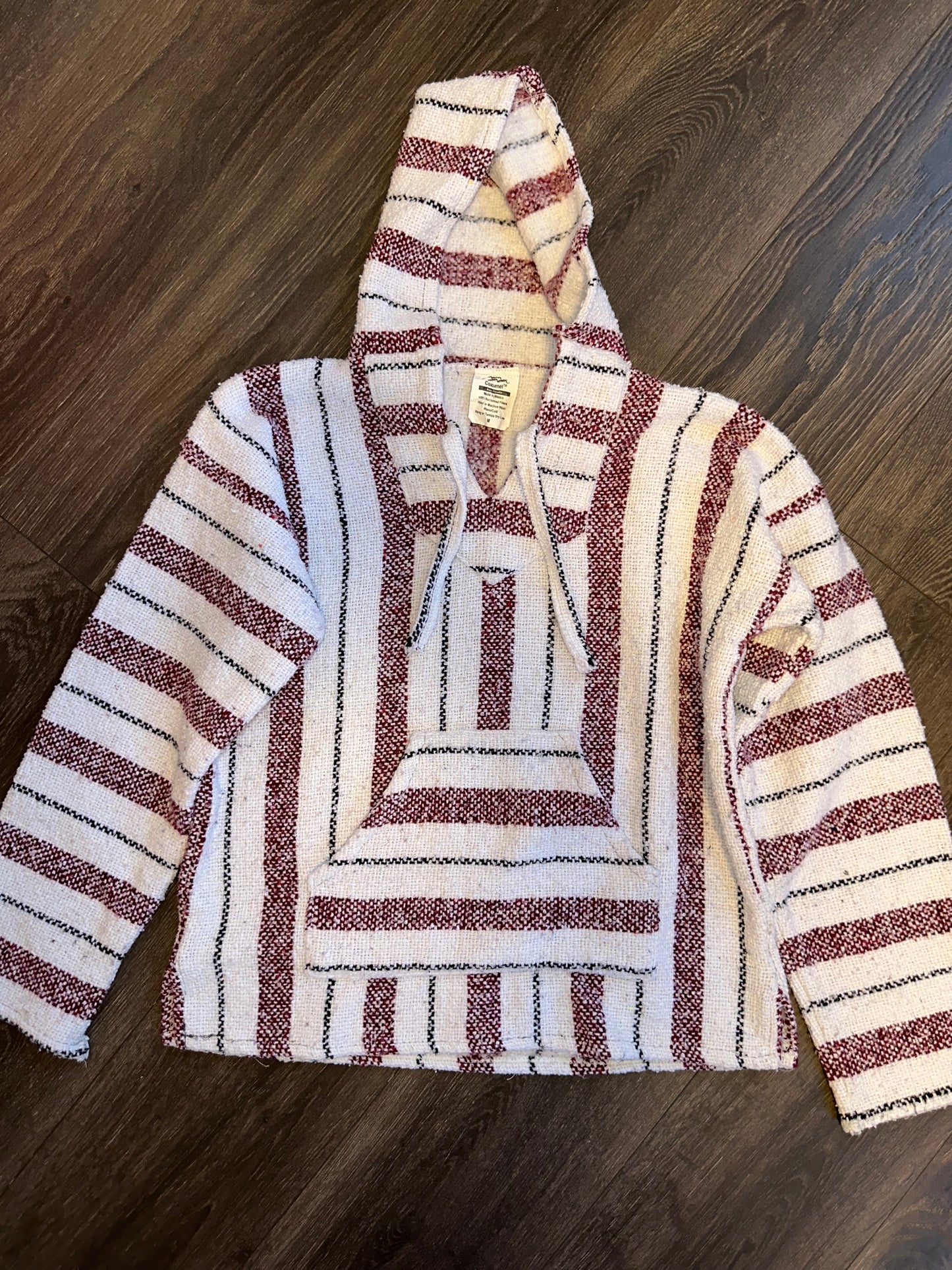 Cozumel (Medium) Red//White Striped V-Neck Knit Boho Baja Hoodie