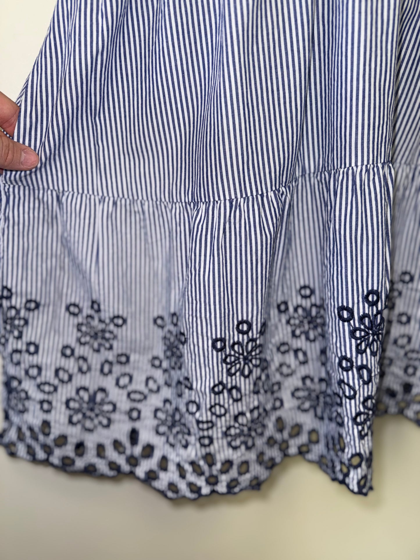 Rachel Zoe (Large) Blue and White Striped Dress with Embroidered Floral Hem