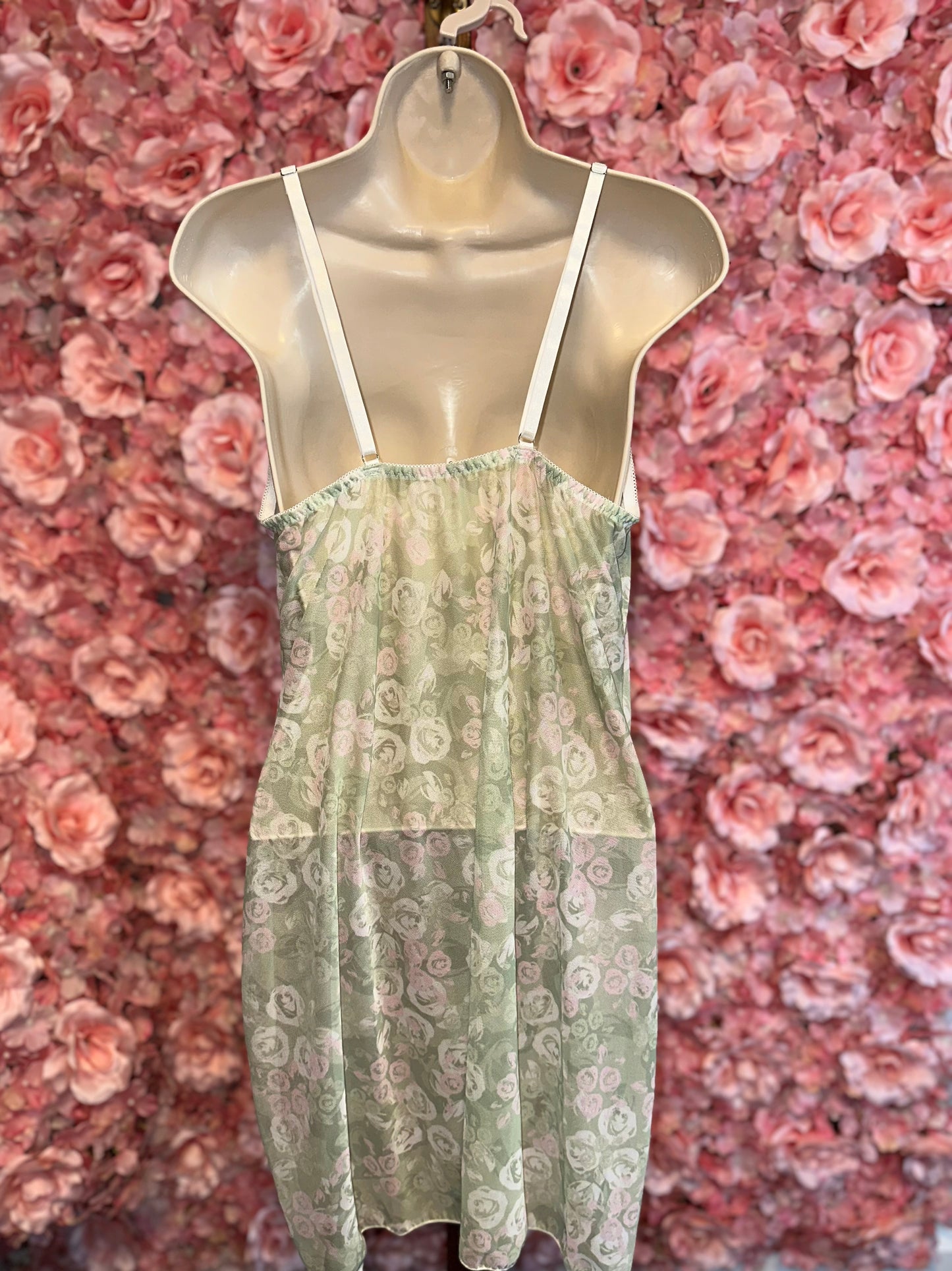 (4XL) Light Green/Pink Floral Ruffle Stretchy Chemise Slip