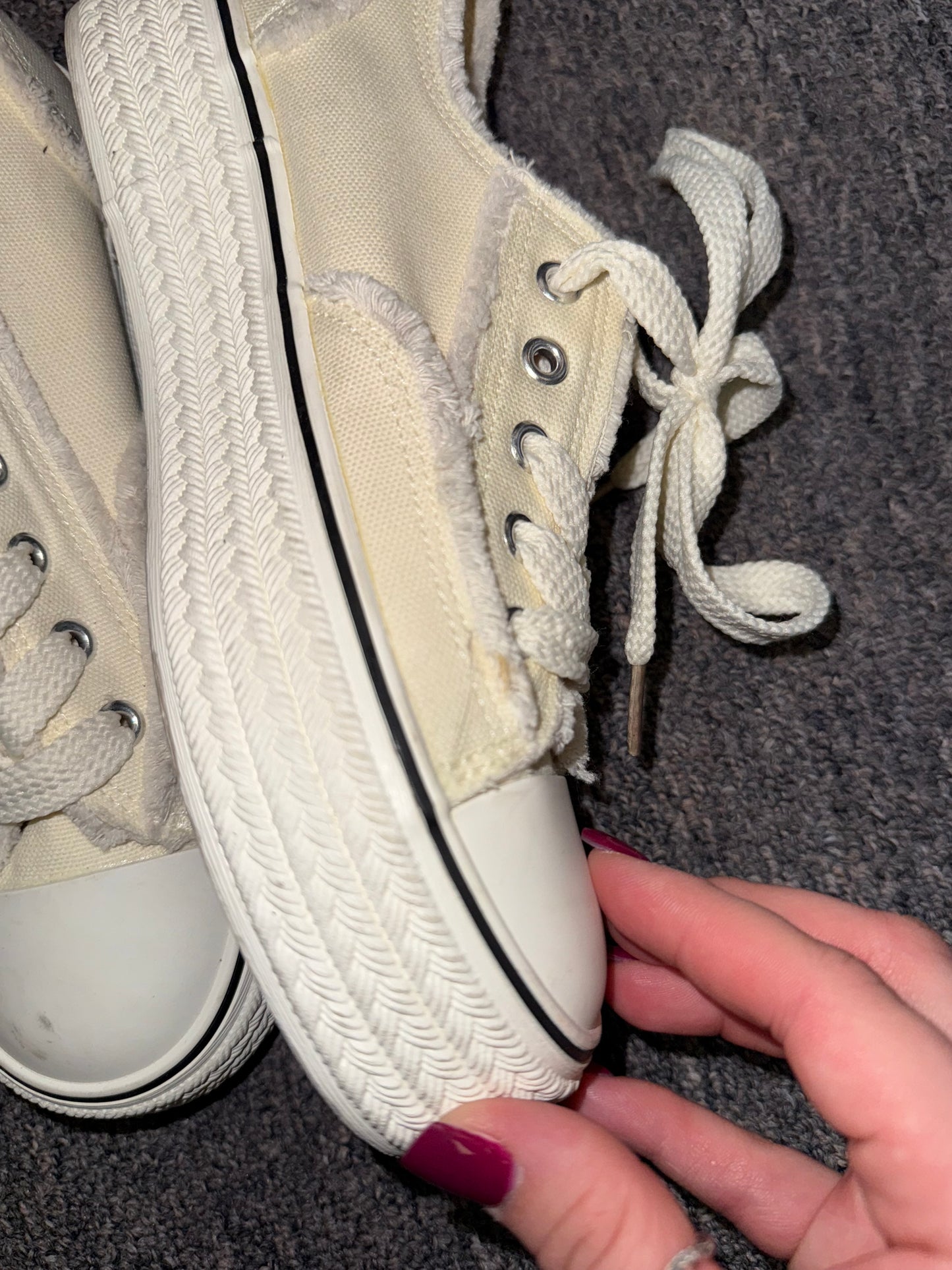(39) Neutral Laced Sneakers with Frayed Trim
