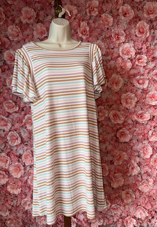 NWT Como Blue (Medium) Brand New Colorful Striped Ribbed Dress w Ruffled Sleeves