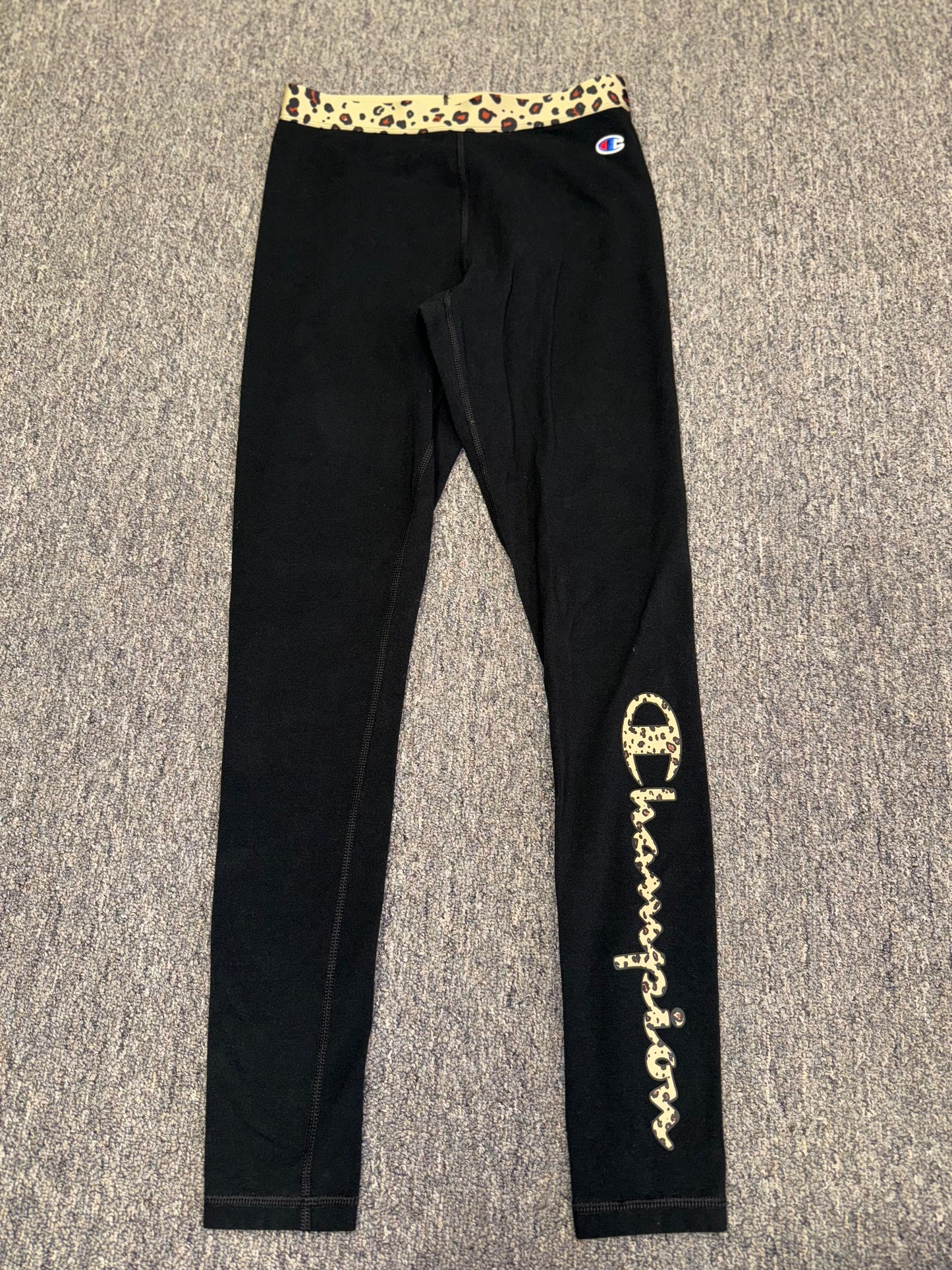 Champion (Small) Black Leggings with Cheetah Print Logo and Waistband