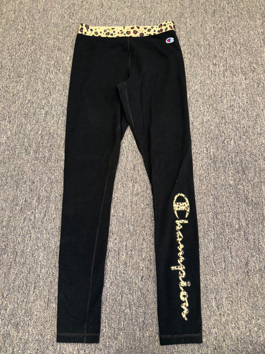 Champion (Small) Black Leggings with Cheetah Print Logo and Waistband