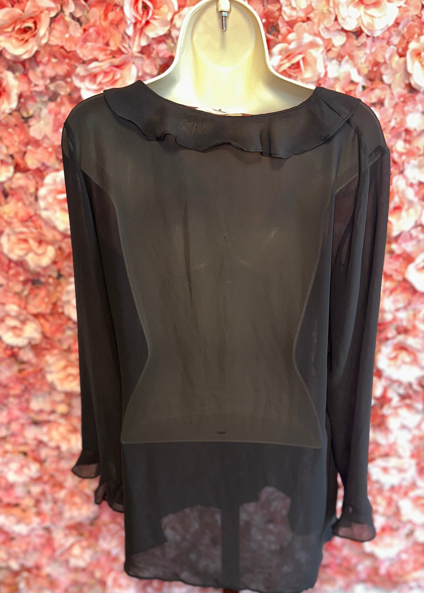 Victoria's Secret (Medium) Black Lightweight V-Neck Button Up w Ruffle Trim