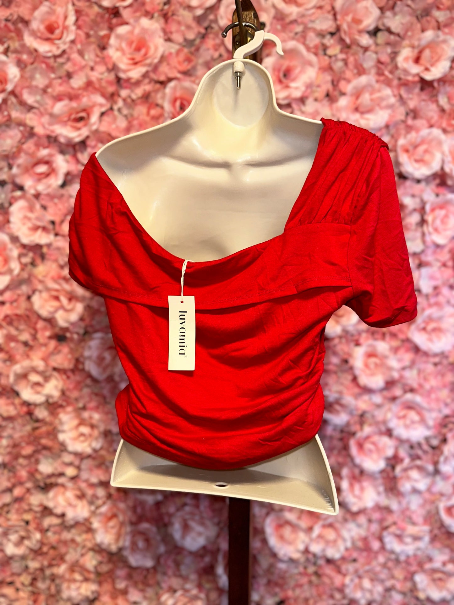 NWT Luvamia (Large) Brand New Red Off-The-Shoulder Cropped Blouse