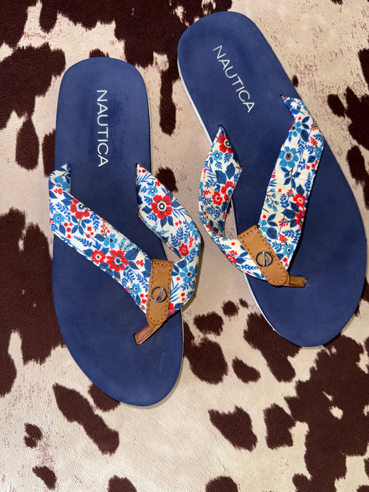 Nautica (7.5) Blue Flip Flops with Floral Pattern Straps
