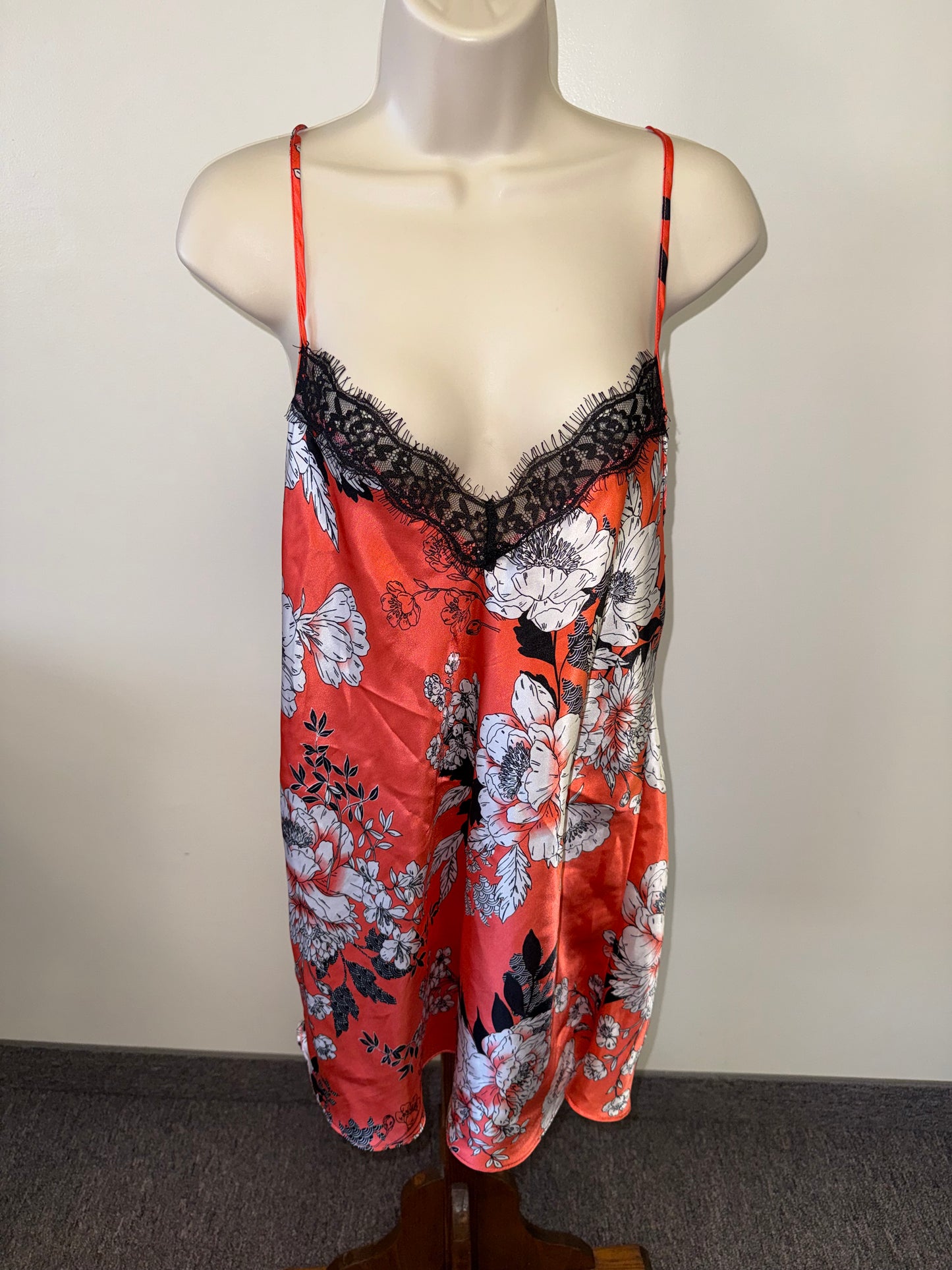 Secret Treasures (Medium) Coral Floral Chemise Slip Dress with Lace Trim