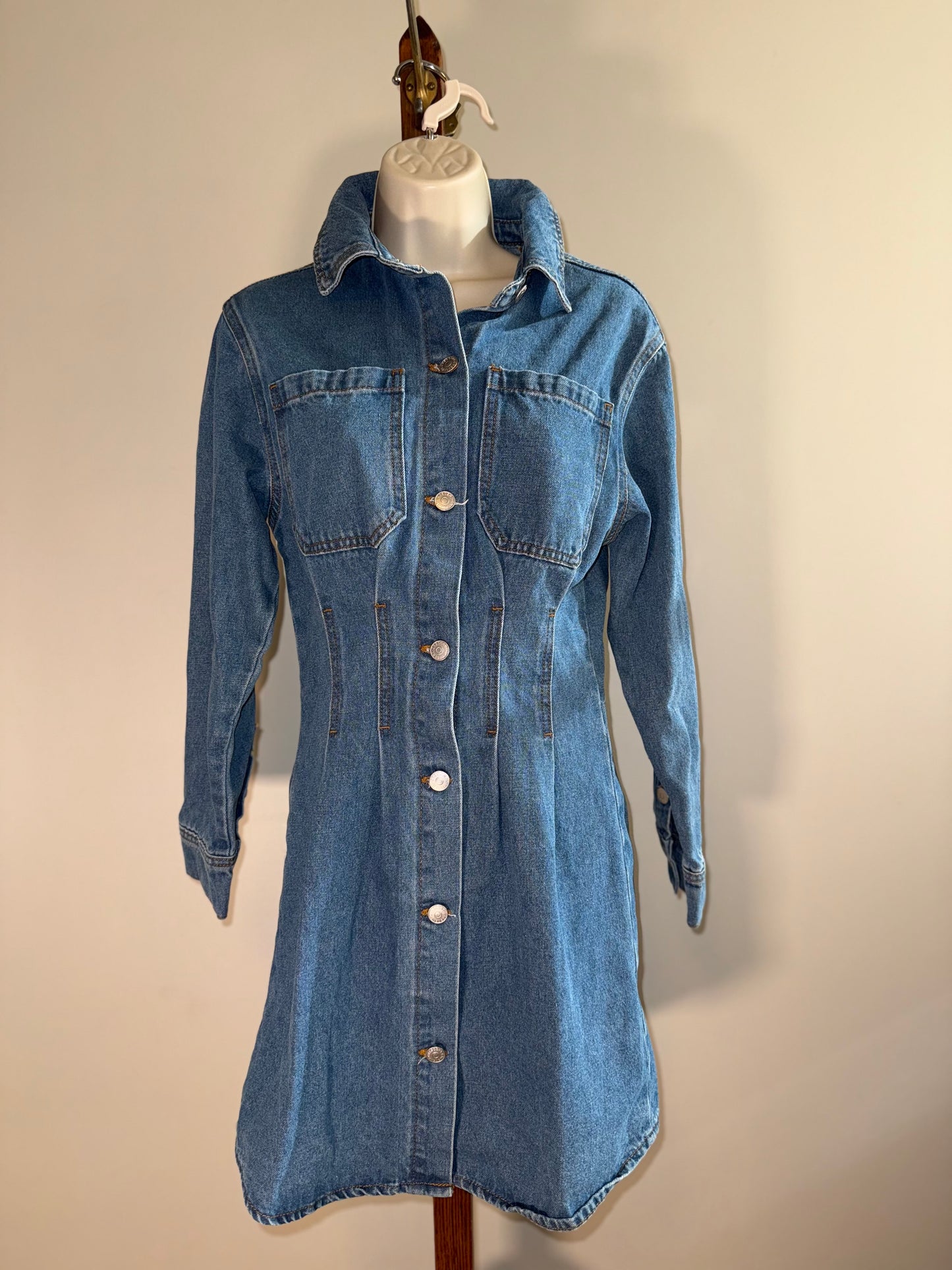 NWT Crescent (Small) Brand New Blue Denim Button Up Dress with Corset Waist