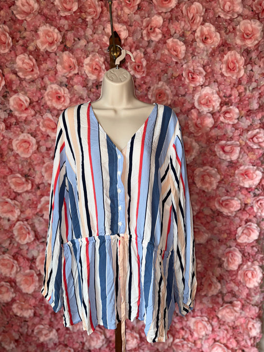Lane Bryant (22) Colorful Neutral Striped 3/4 Button Up V-Neck Blouse