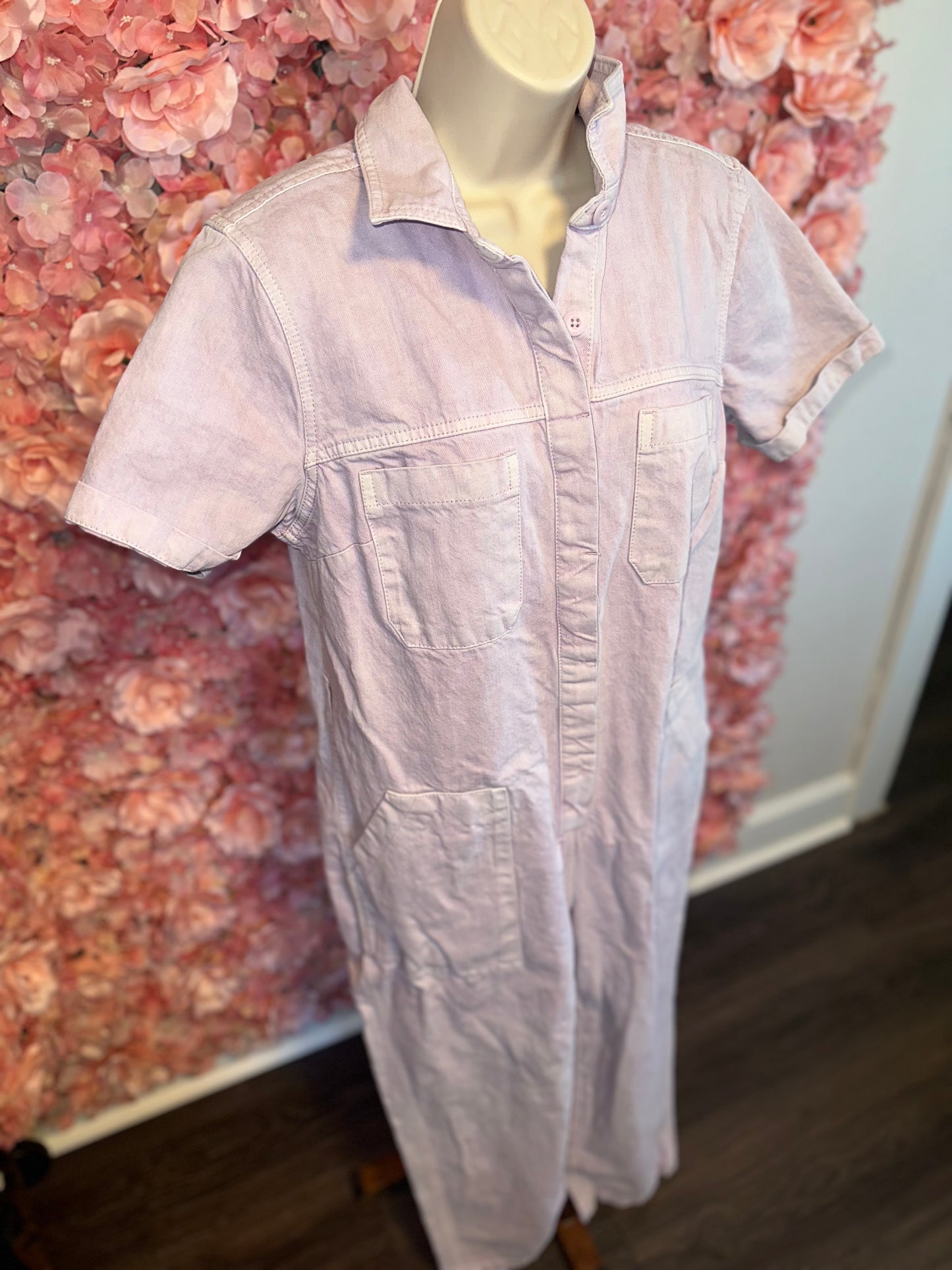 Old Navy (Medium Petite) Pink Button Up Denim Short Sleeve Jumpsuit