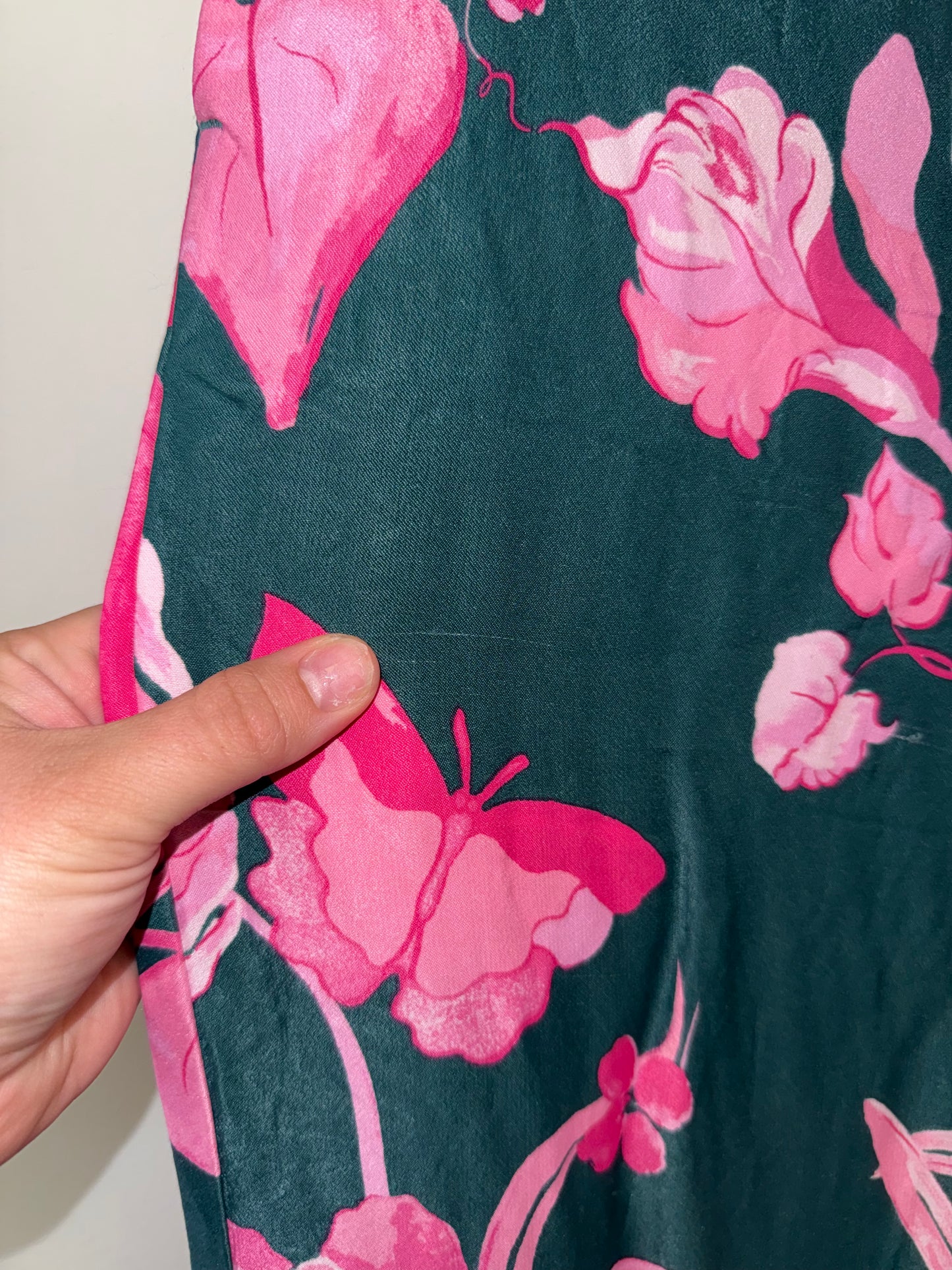 Anthropologie (4) Green Straight Pants with Pink Floral Pattern