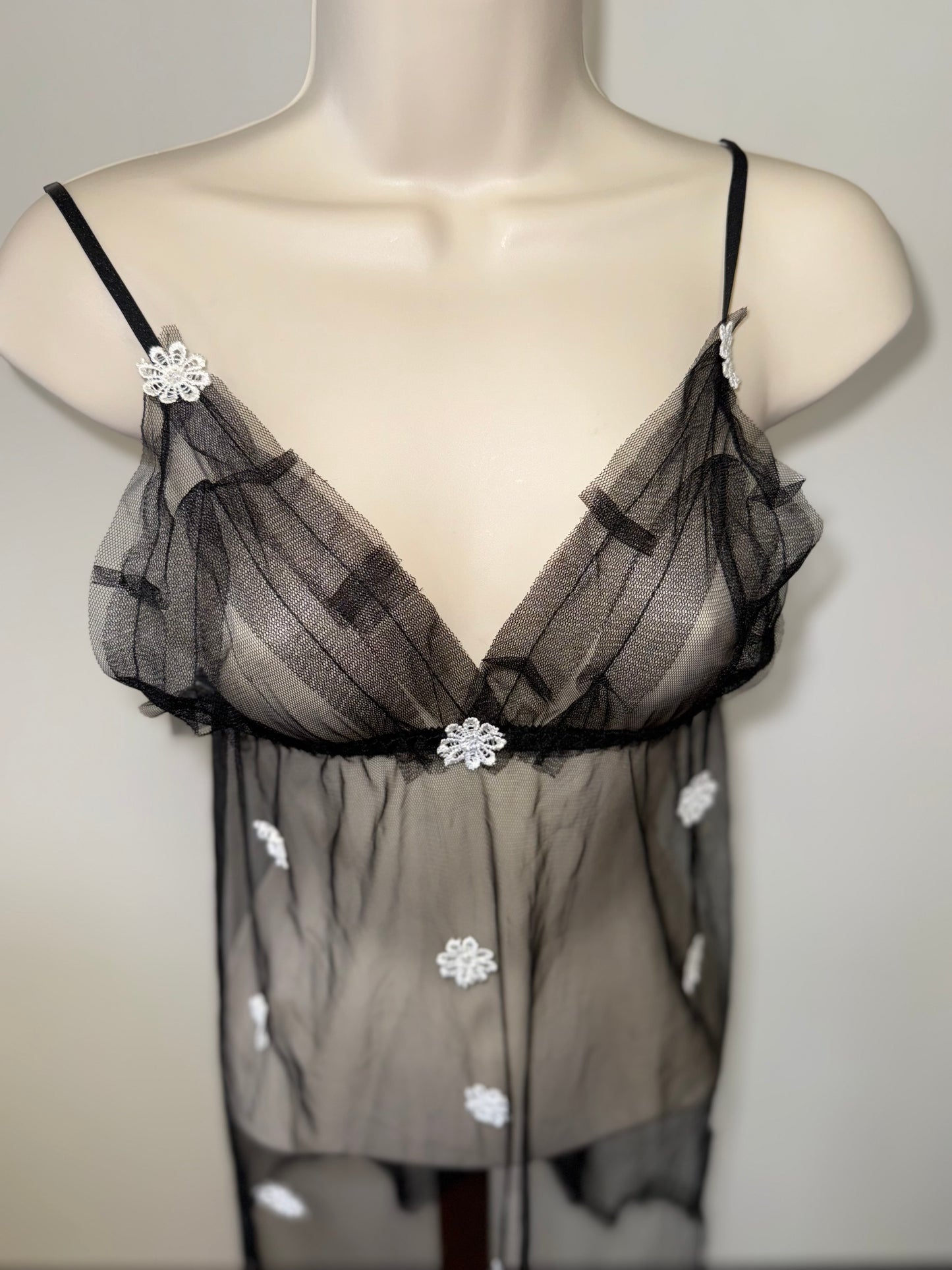 Black Sheer Floral Patched Pattern Chemise Slip