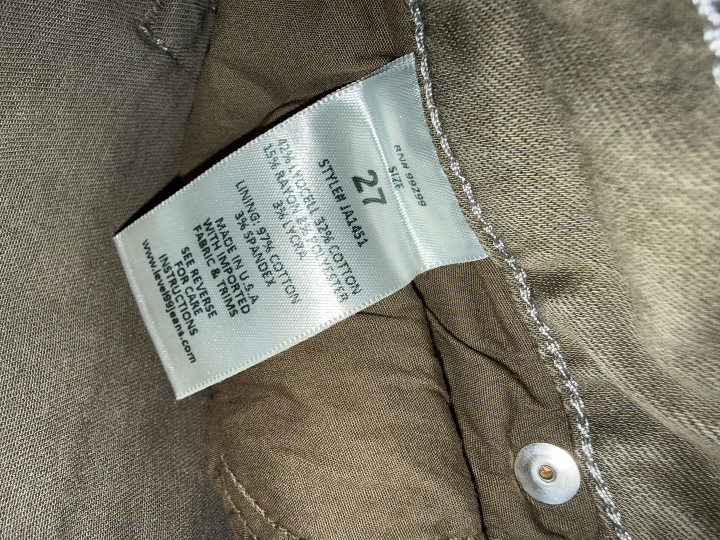 Level 99 (27) Olive Green Denim Frayed Hem Jean Shorts