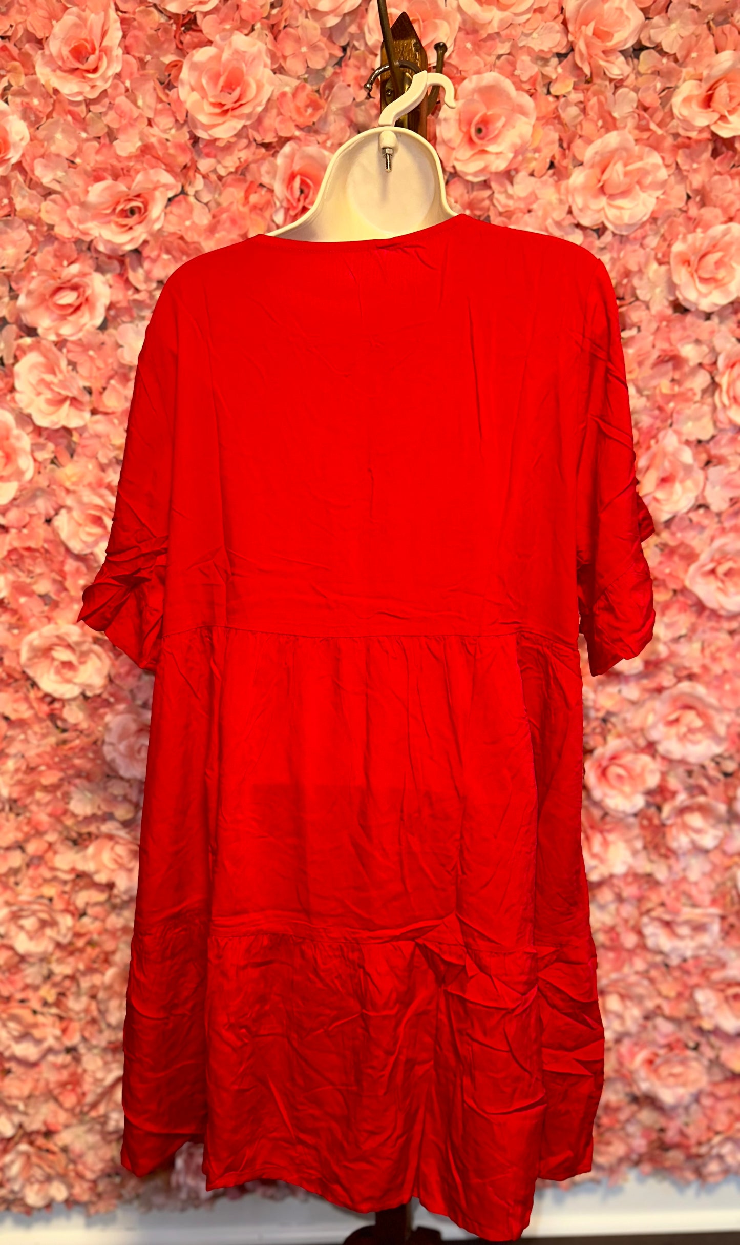 (Medium) Red Ruffle Short Sleeve Flowy Lightweight Dress