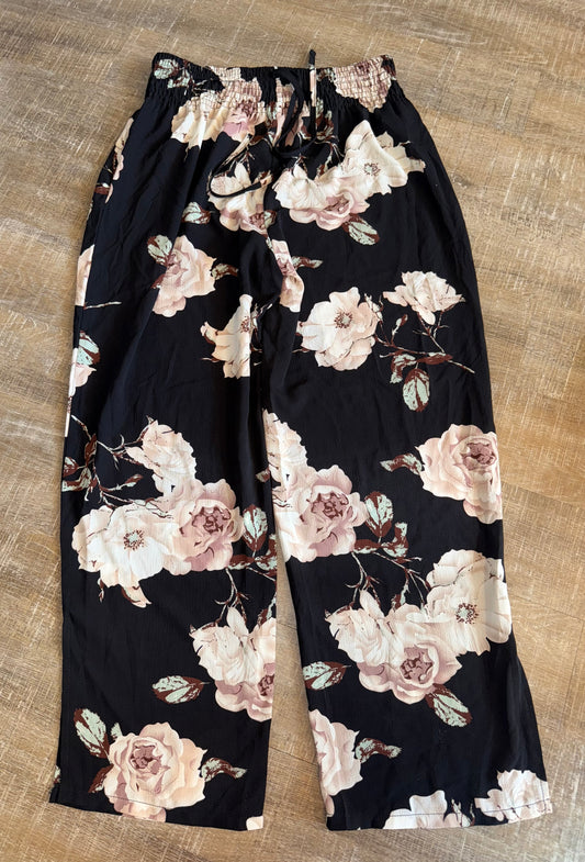 SHEIN (Large) Black Floral Wide Leg Lightweight Tied Pants