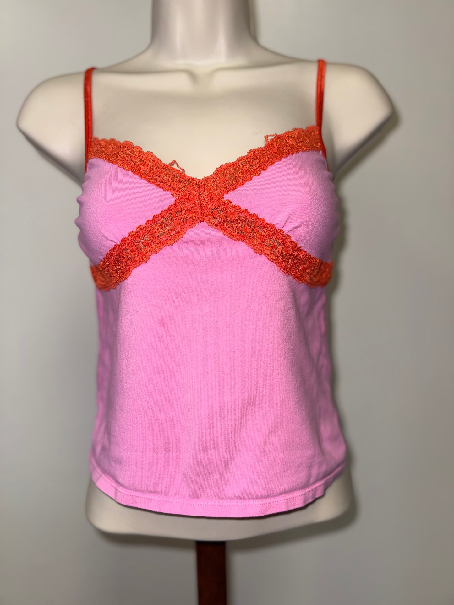 PINK Victoria's Secret (Small) Pink and Red Lace Cropped Sleepwear Tank Top