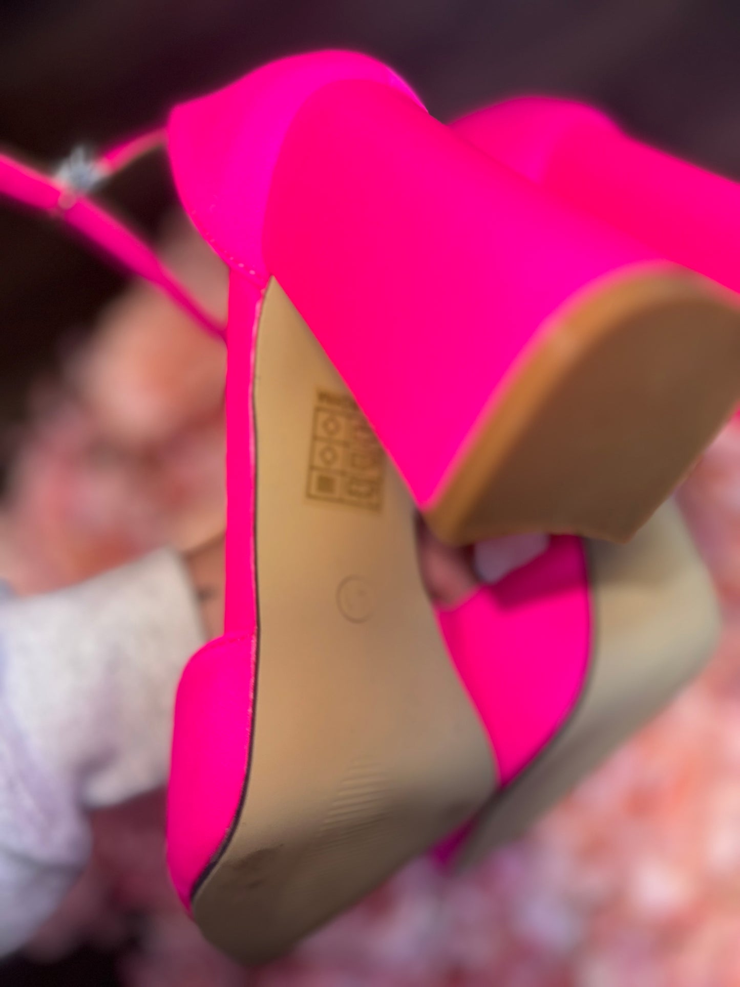 (9.5) Neon Pink Sued High Heels with Adjustable Ankle Strap