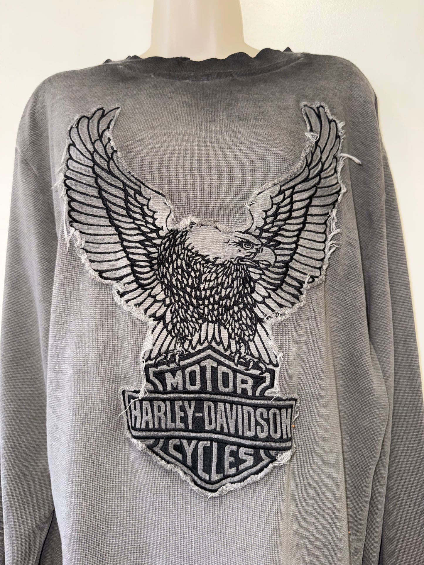 Harley Davidson (Large) Gray Waffle Knit 3/4 Button Up Long Sleeve Top