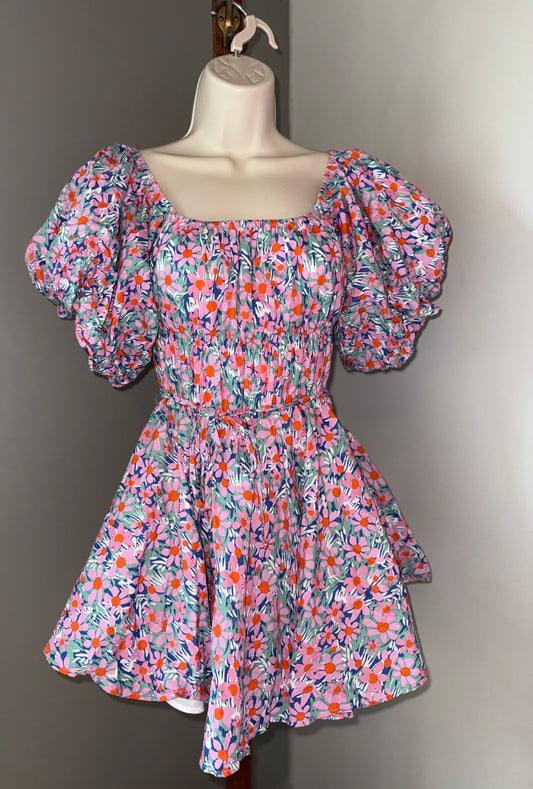 Altar'd State (XS) Colorful Floral Midi Dress with Puff Sleeves