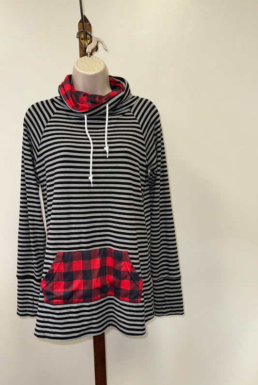 Hawthorne (Small) Black//Grey//Red Plaid & Striped Cowl Neck Hoodie