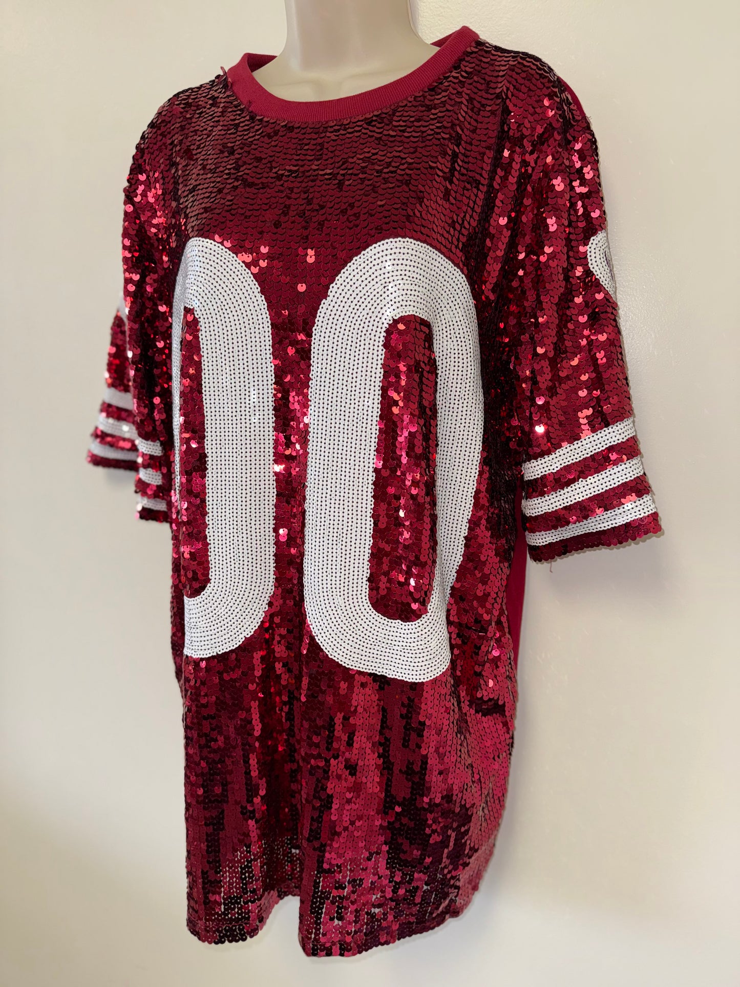 WHY Dress (OS) Red & White Short Sleeve Sequin '00' Football Jersey Dress